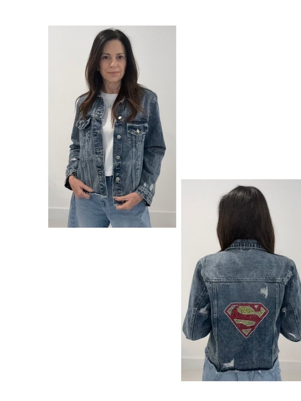 Women’s Denim Jacket with Rhinestone Superhero Patch - Size S